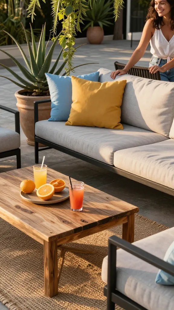 A sunlit outdoor lounge on a paved patio at golden hour, featuring a low-profile sectional in light gray outdoor fabric with mustard yellow and sky blue throw pillows, a weatherproof woven rug, and a reclaimed wood coffee table stacked with chilled citrus drinks. Warm light catches the metal chair frames, while a nearby tall potted aloe and trailing greenery add depth. A partially cropped figure of a smiling 30-year-old woman is visible in the background, hands resting on the back of a chair, ensuring she is not the main focus.