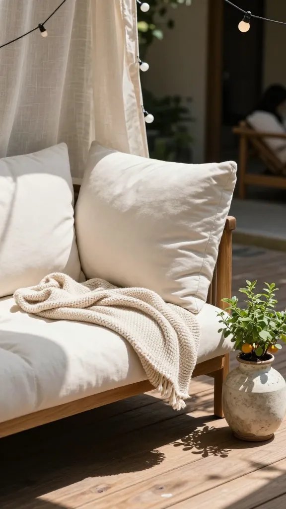 Close-up wide shot of a cozy corner under string lights: a cushioned lounge chair with soft off-white cushions, a textured knit throw, a small planter with citrus-scented herbs, and a ceramic lantern casting subtle shadows. The scene includes a sun-drenched wooden deck, a breeze suggested by a gently swaying linen curtain, and a glimpse of a person’s silhouette in the background, not the focus.