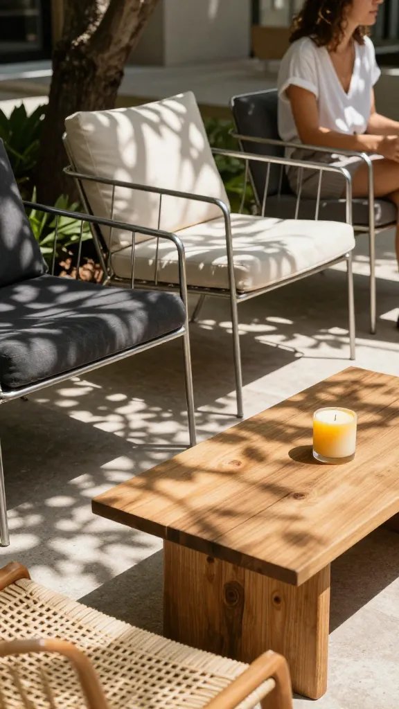 A breezy afternoon scene by a modern metal dining set repurposed as a lounge area: metal-framed chairs with cushions in charcoal and cream, a low teak coffee table with a citrus-scented candle, and a woven rattan bench. The lighting is bright and natural; a nearby tree casts dappled shade. A softly cropped figure of a 30-year-old woman sits out of focus at the edge, her presence felt rather than centered.