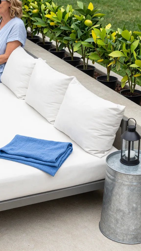 A compact, budget-friendly lounge setup on a concrete slab: low-profile daybed with crisp white cushions, a folded linen throw in cornflower blue, a series of small potted citrus trees along the edge, and a galvanized metal side table with a solar-powered lantern. The air hints at sunscreen and grass; a 30-year-old woman is present in the scene, but not the focal point, partially cropped behind a plant.