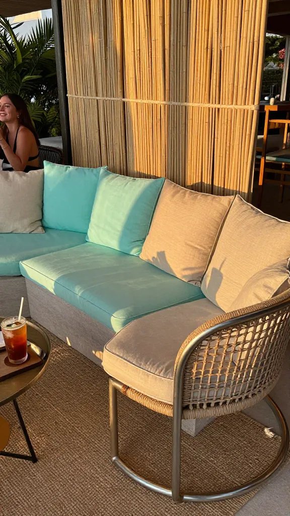 A coastal-inspired lounge scene with a woven hammock chair adjacent to a sectional: cushions in seafoam and sand tones, a jute rug underneath, and a bamboo screen for texture. Warm sun highlights the metallic frame of a side chair. A casually placed beverage on a tray catches a moment of sunset glow; a smiling woman is visible in the distance, out of primary focus.