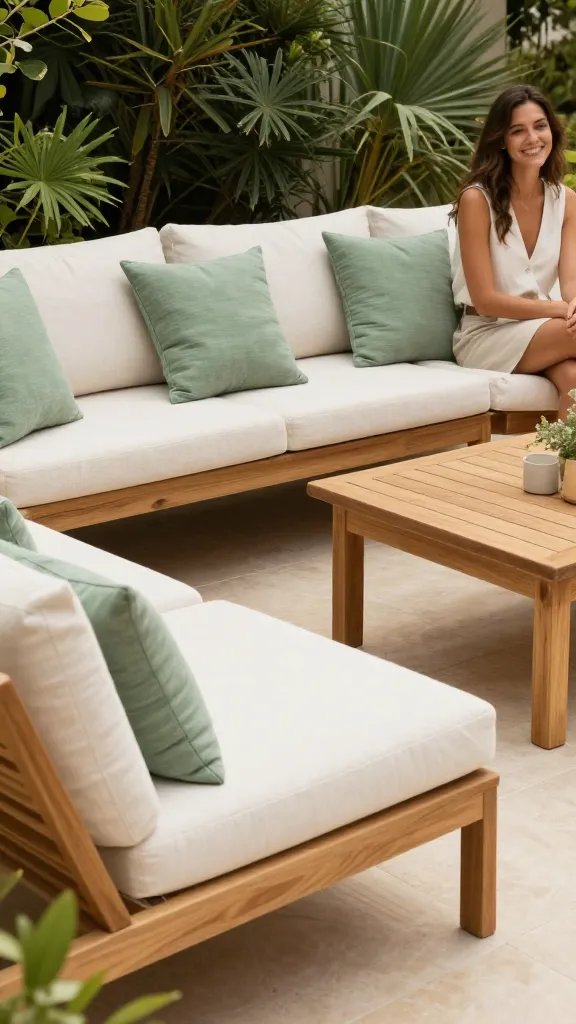 A multi-zone patio layout showing a cohesive outdoor lounge with a corner seating area, a lounge chair, and a small dining-height table for two. Colors revolve around linen white, sage green, and warm wood tones. The scene captures an airy, resort-like mood on a budget: cushions, throws, and greenery complement the space. A happy 30-year-old woman appears in the background, slightly cropped to keep her from being the primary focus.