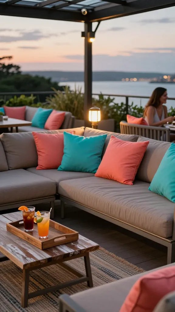 Sunset-view patio with a lounge arrangement: a plush sectional in weatherproof taupe, bright coral and seafoam accent pillows, a distressed wood tray holding iced drinks with citrus wedges, and a nomad-style woven rug. The scene emphasizes the glow on metal surfaces and the last warm rays on cushions; a blurred background figure of a happy woman appears in the periphery.
