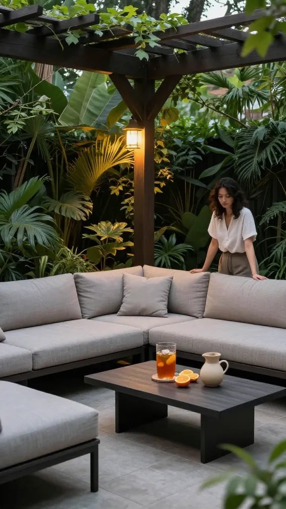 A lush green corner of the patio featuring a modular sofa with weatherproof fabric, matching ottomans, and a low-profile coffee table loaded with citrus-infused iced tea, sliced oranges, and a ceramic pitcher. Soft outdoor lighting is just starting to come on as dusk approaches; a 30-year-old woman stands softly out of frame, hands resting on the back of the sofa.
