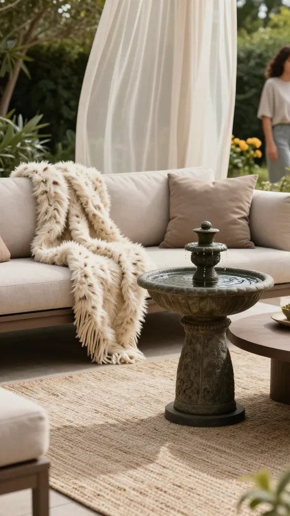 Night-to-day transition shot: a patio lounge area illuminated by warm LED lanterns and a few candle jars, with a woolen throw draped over a seat and a textured rug underfoot. The ambiance is cozy yet practical for summer, with a breeze suggested by a fluttering sheer curtain. In the background, a casually cropped figure of a woman is present, away from the focal composition.