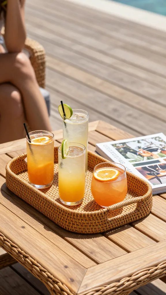 A sunlit shot focusing on texture and material: close-up of a charcoal outdoor fabric cushion with a contrasting white welt, a rattan armrest, and a teak arm tabletop displaying a bright citrus drink adorned with a lime wheel. The deck boards run diagonally for depth; a distant, softly blurred figure of a woman sits near the edge, not the main subject.