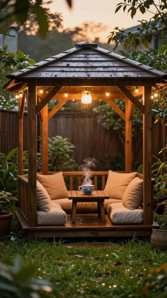 A golden-hour scene in a tiny backyard with a small wooden gazebo in the center, string fairy lights draped overhead, soft rain-kissed grass scent implied by damp dew on the lawn, a cozy cushion-strewn seating area inside the gazebo, a porcelain tea mug steaming on a low wooden table, warm amber tones, shallow depth of field focusing on the gazebo texture and cushions, background foliage softly blurred to emphasize a compact oasis.