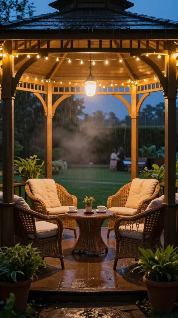 Twilight scene with a 4-seat seating arrangement inside the gazebo: two wicker chairs with plush throws, a small tea table with teacup and saucer, fairy lights twinkling overhead, a gentle mist of rain in the air, lush potted plants at the gazebo’s base, the yard appearing larger through perspective, warm golden glow contrasted against the deep blue sky, subtle silhouettes of friends in the distance.