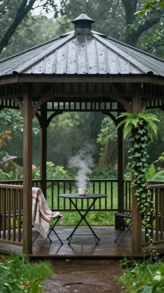 Rainy morning vignette: a rain-pattered gazebo roof, a small round table with steam rising from a mug, a folded throw blanket draped over a chair, a fern and a trailing ivy plant within the gazebo, soft natural light filtering through treetops, dew on grass, and a narrow path leading out, the tiny oasis feeling serene and intimate with a sense of slower pace.