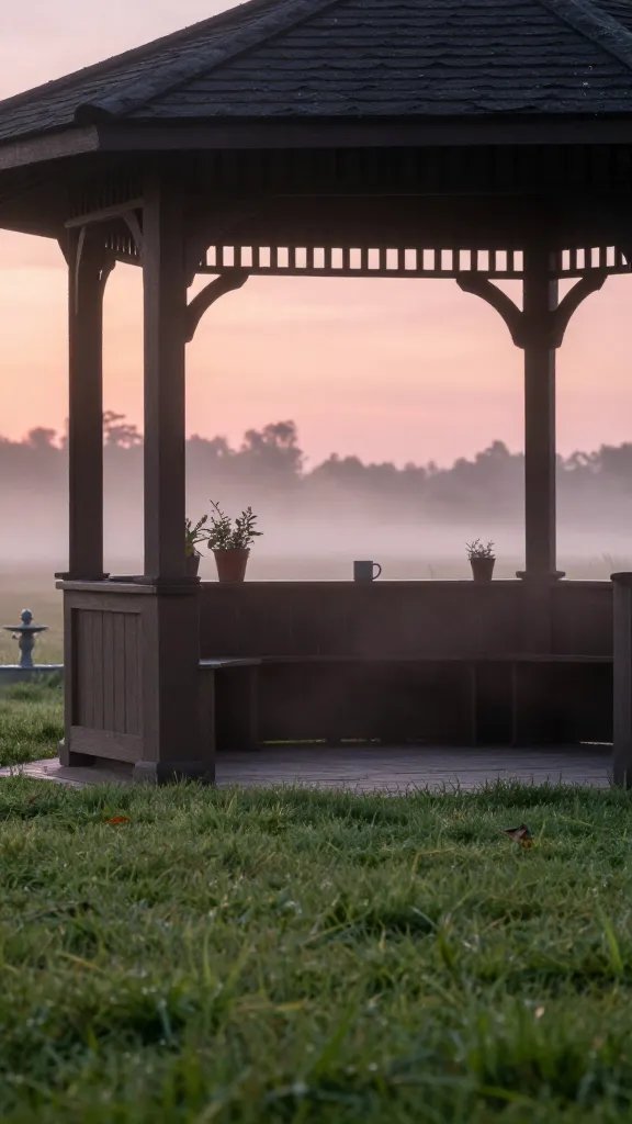 Sunrise shot: the gazebo acting as a pocket sanctuary, light mist rising off damp grass, a low-angle shot showing the underside of the gazebo roof with textures, a mug and a small potted herb garden on a recessed ledge, warm pink and peach sky behind, a tiny fountain or water feature just outside the frame to imply soothing sounds, the yard feeling expansively calm.