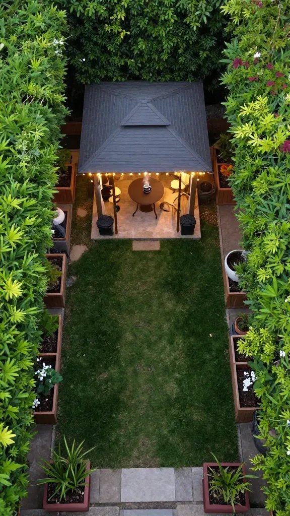 Backyard oasis from above: a drone-like perspective showing a tiny gazebo centered in a postage-stamp yard, surrounding planters forming a green frame, a narrow lawn, a tea table inside the gazebo with a steaming mug, warm lighting from fairy lights, tiny footprints in the grass leading to the gazebo, overall composition emphasizing how the small space feels larger when framed with vertical greenery.