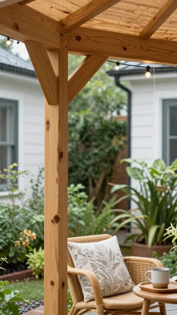 Textured materials close-up: cedar gazebo beams with visible grain, a woven rattan chair, a cushion with a subtle botanical pattern, a ceramic mug on a small wooden tray, string lights overhead with a gentle flare, rain droplets on the plants, background hints of a bright home exterior and narrow garden borders to convey a compact oasis with depth.