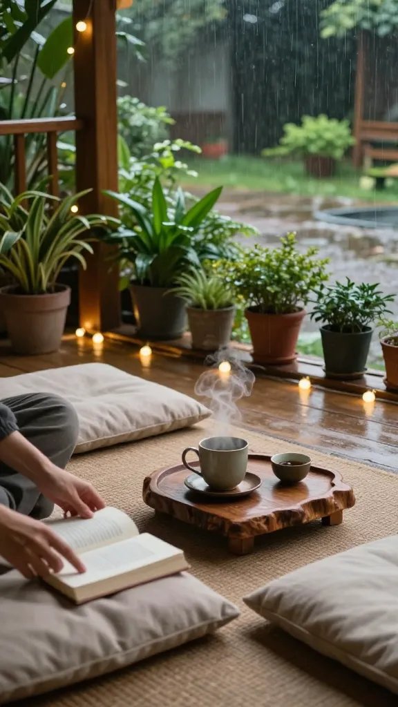 Quiet rainy-day tea ritual: inside the gazebo, a low, wide shot showing floor cushions, a steaming mug on a rustic wooden tray, a partially cropped person’s hands gently arranging a book and cup, fairy lights casting soft orbs, lush green potted plants along the gazebo edge, rain-slicked yard beyond the shelter, warm wood tones, and a sense of slower pace and intimate retreat.