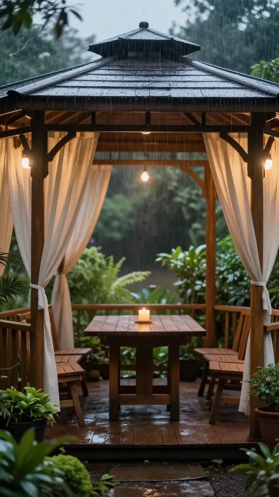 Evening entertain-in-a-small-space scene: two people sitting just outside the gazebo on a low bench, one visible hand resting on a mug, the other partially cropped by the gazebo doorframe, fairy lights casting a gentle glow, a wooden side table with a candle, a rain curtain softly blurred outside the perimeter, surrounding plants arranged to create depth and scale, color palette of teak wood, cream textiles, and mossy greens.