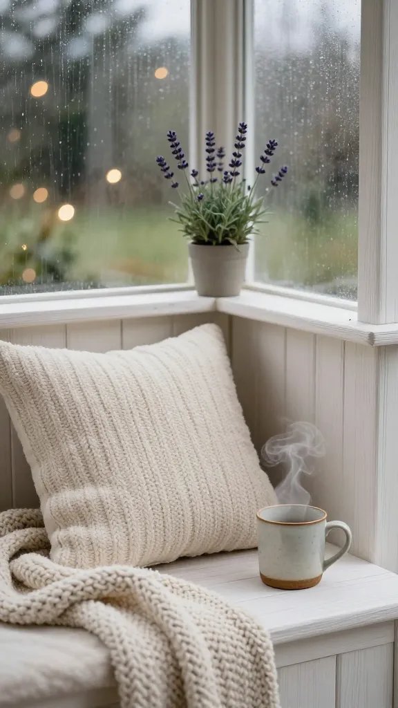Cozy corner inside a compact gazebo: macro shot of a single plush cushion, textured knit throw, and a ceramic mug with steam, soft bokeh lights in the background, a small potted lavender plant on a corner shelf, pale wood grain of gazebo, subtle rain streaks on a transparent side panel, a sense of quiet retreat and personal sanctuary.