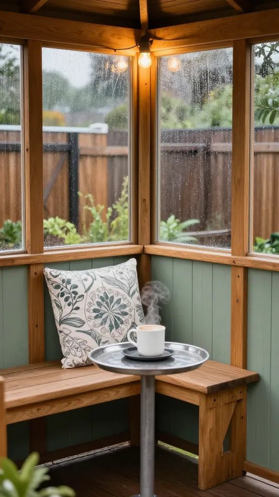 Close-up view of a miniature gazebo corner transformed into a coffee nook: a compact wooden bench built into the gazebo, a patterned outdoor cushion, a metal tray with a steaming mug, rain droplets clinging to a glass window, a string of warm bulbs above glowing softly, surrounding fence and narrow garden beds pinching the frame to convey a postage-stamp yard’s intimacy, color palette of honey wood, sage green, and creamy white.