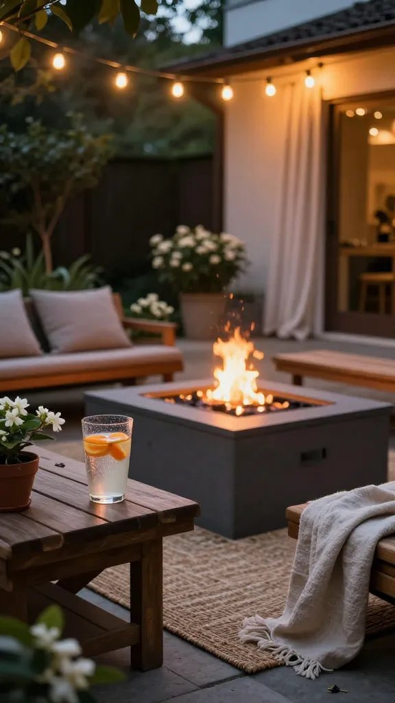 A dusk-lit backyard lounge with a low, sunken timber bench surrounding a rectangular fire pit. String lights overhead glow warm amber, jasmine scent implied by potted blooms near the edges. A cold glass of citrus water rests on a stony side table, condensation beads catching the light. Soft breeze lifts a light linen throw on the bench and a woven rug anchors the space. Subtle motion in sheer curtains from an open door, with distant crickets and a gentle fountain blur in the background. No people in frame; the scene feels intimate, approachable, and photo-ready.