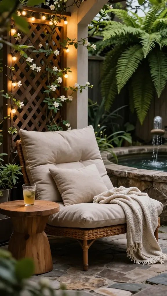 A cozy nook tucked into a corner of the yard: a single oversized, deep-seated lounge chair with plush cushions in neutral tones, a small cedar side table, and a tall planter with jasmine vines winding along a lattice screen. Warm string lights cast a tactile glow. A chilled drink on the table, a light breeze ruffling a throw, and a gently rippling fountain behind a fern wall. The shot is tight on textures—knits, wicker, stone—capturing an effortless, lived-in vibe with a soft, cinematic depth of field.