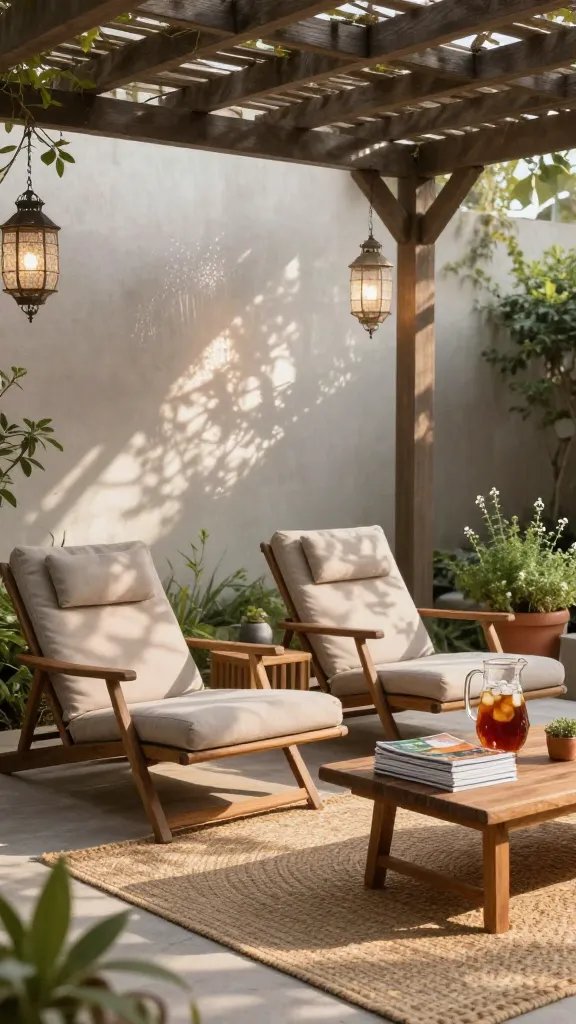 An outdoor conversation corner under a pergola: a pair of lounge chairs angled toward each other with a shared ottoman, a woven outdoor rug, and a wooden coffee table stacked with magazines and a pitcher of iced tea. Lanterns hung from the beams, casting sculpted shadows. A light mist from a nearby fountain creates a shimmering backdrop, while potted herbs release a subtle fragrance cue. Ensure the scene reads as welcoming, with no visible occupants, focusing on the arrangement, materials, and ambient glow.