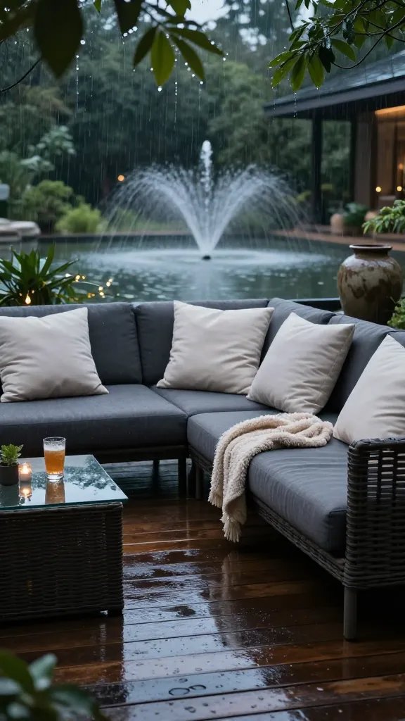 A rain-washed patio transformed into a calm retreat: weathered wood deck with a charcoal-gray sectional, ivory cushions, and a plush throw draped over one arm. The scene is dusk-lit, with drops of water glistening on leaves and a distant fountain sending gentle spray into the air. String lights reflect off the water on a nearby tabletop, and a tall ceramic planter adds vertical interest. A cold drink sits on a glass-topped side table; no people, just an atmosphere of ease and resilience against weather.