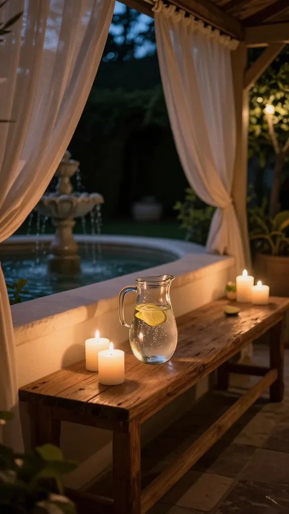 A night-time social vignette: a long, low-alcove seating arrangement with a garden fountain in the background, soft white candles on a reclaimed wood console, and a pitcher of sparkling water with fresh lemon slices. A light breeze rustles sheer outdoor curtains, which move just enough to suggest a breeze. The lighting emphasizes texture: soft shadows, warm amber hues, and a subtle glow on metal and glass surfaces. No people present; the setup is filmic, editorial, and inviting.