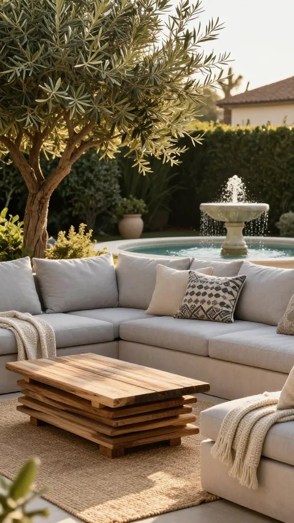 A family-friendly corner that invites conversation: a curved sectional in light gray cushions, a coffee table with stacked driftwood boards, and a large potted olive tree framing the scene. The zone is defined by a layering of textiles—a jute rug underfoot, a knitted blanket draped over the chair, and a patterned outdoor pillow. The sun angle is late golden hour; a nearby fountain provides a soft, rhythmic sound cue suggested by tiny droplets in the air. No human presence; the scene centers on space that invites gathering.