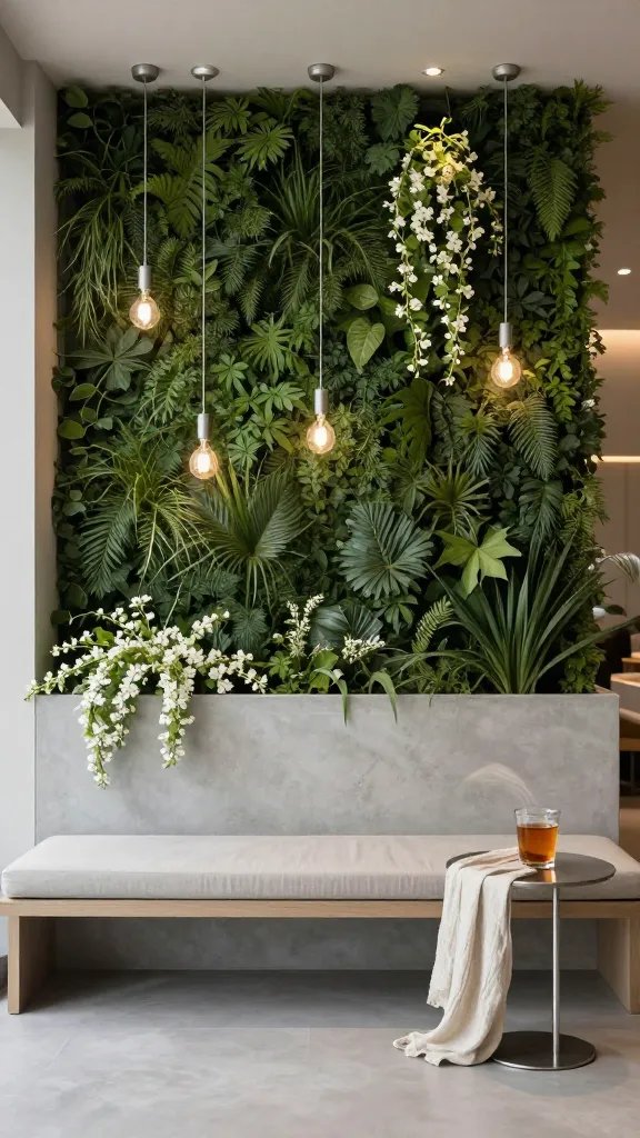 A minimalist, modern-meets-nature lounge: a slimline bench with a single thick cushion, a slim vertical garden wall behind, and a concrete-topped planter with cascading jasmine. Subtle assembly of lighting: recessed ground lights and a few pendant bulbs hanging at varying heights, casting gentle pools of light. A glass of cold tea sits on a narrow steel side table, with a breeze lifting a lightweight linen throw. The photo emphasizes negative space, clean lines, and serenity, with no people.