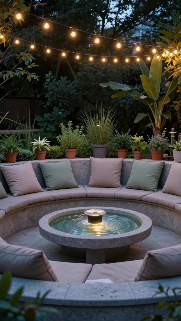 A twilight corner with a water feature focal point: a circular stone seating area around a recessed fountain, accented by a low, wide coffee table, and a mix of indoor-outdoor cushions in soft taupe and sage. String lights form a soft canopy above, while a row of small potted herbs line the edge. The air feels cool and scented; the composition highlights the harmony between water, light, and planting. No figures; the mood is intimate and contemplative.