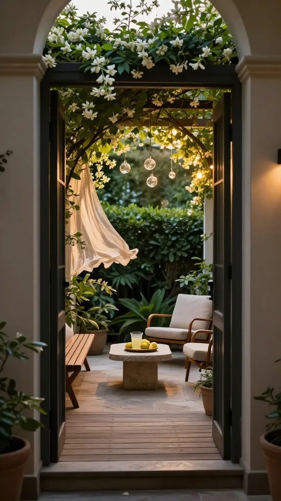 An intimate entryway transition to an outdoor lounge: a wooden threshold leading to a sunken patio, with a trellis covered in jasmine above and hanging glass orbs catching the evening light. The lounge area features a pair of armchairs, a slender bench, and a low, stone tabletop with a single tray of lemonade. A light breeze moves a delicate curtain and fans the scent of blossoms. The shot is wide enough to show the flow from indoor to outdoor, yet focused on texture, color harmony, and the promise of daily rituals—no people in frame.