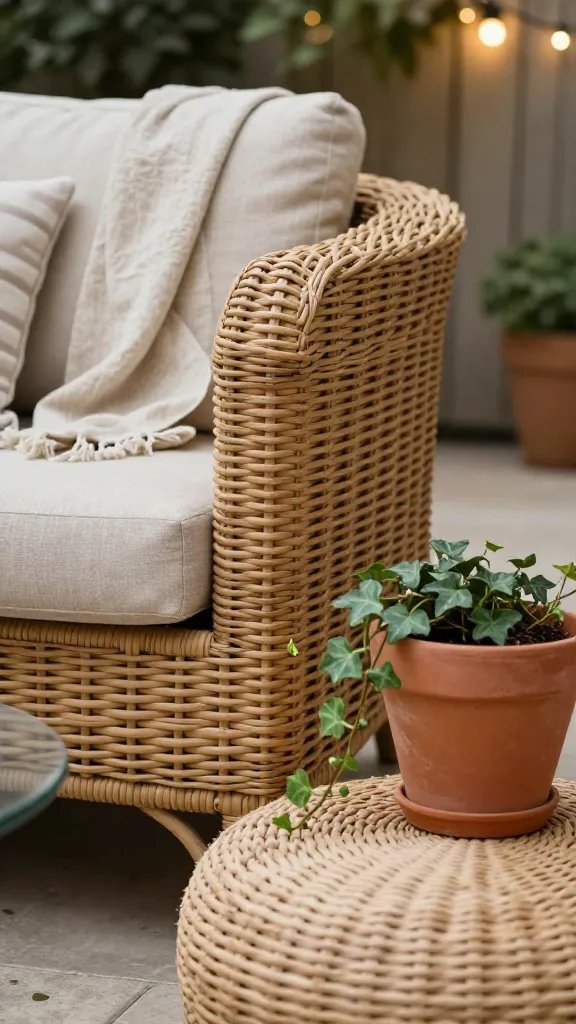 A close-up textures shot: a corner where a rattan sofa meets a linen throw, with a terracotta planter and trailing ivy spilling onto a woven pouf. The lamp glow of string lights is out of frame but implied, giving a warm bokeh to the background. The focus is on tactile details: the weave of the rattan, the weave of the linen, the matte finish of the planter, and the sheen of the glass tabletop. The scene communicates simplicity, durability, and style that feels lived-in.