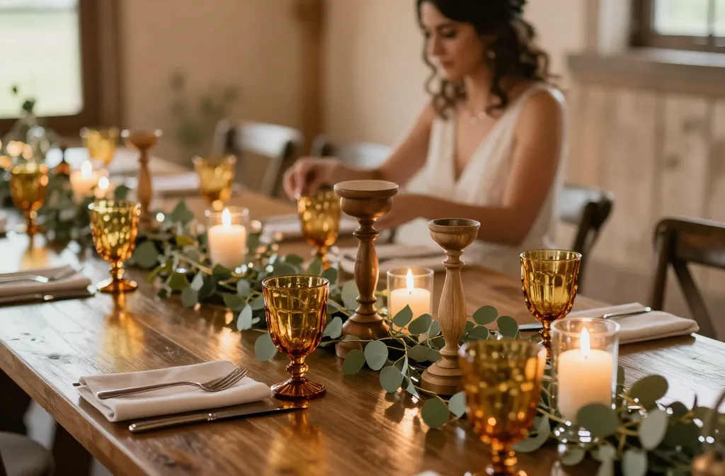 15 Diy Wedding Table Decorations with a Rustic Elegant Inspired Look Using Amber Glass, Wooden Candles, and Eucalyptus That Shine