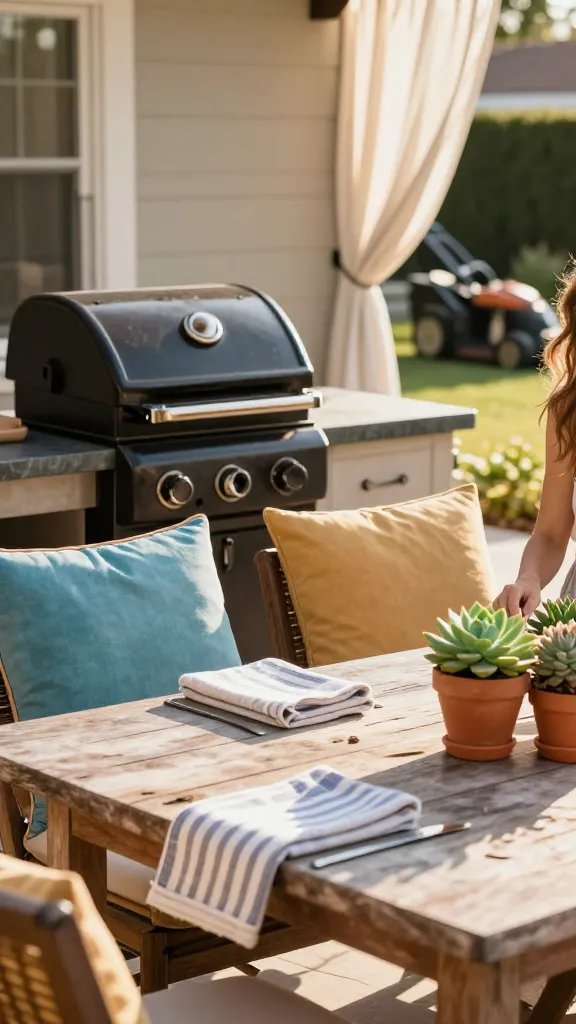 A sun-drenched suburban patio at golden hour, featuring a glossy charcoal grill on a slate countertop, plush throw cushions in ocean blue and warm sand, a weathered wooden dining table set with striped linen napkins, and a low-maintenance succulents arrangement in terracotta pots. Include a softly blurred lawn mower in the background and a breeze lifting light curtains. No people as main focus; a partial silhouette of a happy 30-year-old woman is visible in the foreground, hands off the table, lightly cropped.