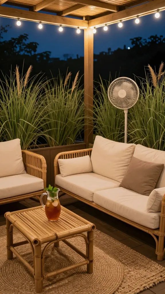 A cozy conversation corner under a string-lit pergola, with a rattan sofa layered in cream and taupe cushions, a woven jute rug, and a bamboo side table holding a pitcher of iced tea and mint sprigs. Include tall grasses in a planter box and a small portable fan creating subtle air movement. The scene feels intimate at dusk with warm ambient glow; ensure the person presence is subtle (back turned or partially cropped) and not the focal point.