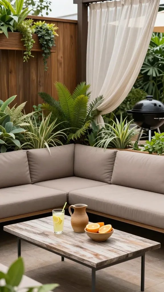 A breezy, plant-forward patio lounge featuring a low-profile sectional in taupe with lush greenery in cascading planters along a wooden privacy screen. Place a weathered coffee table with fresh lemonade, a ceramic pitcher, and a bowl of citrus slices. Include a subtle wind caught in sheer outdoor curtains and a nearby charcoal grill with a lid just ajar. The person present is implied through a casual stance or partial crop, not centered.
