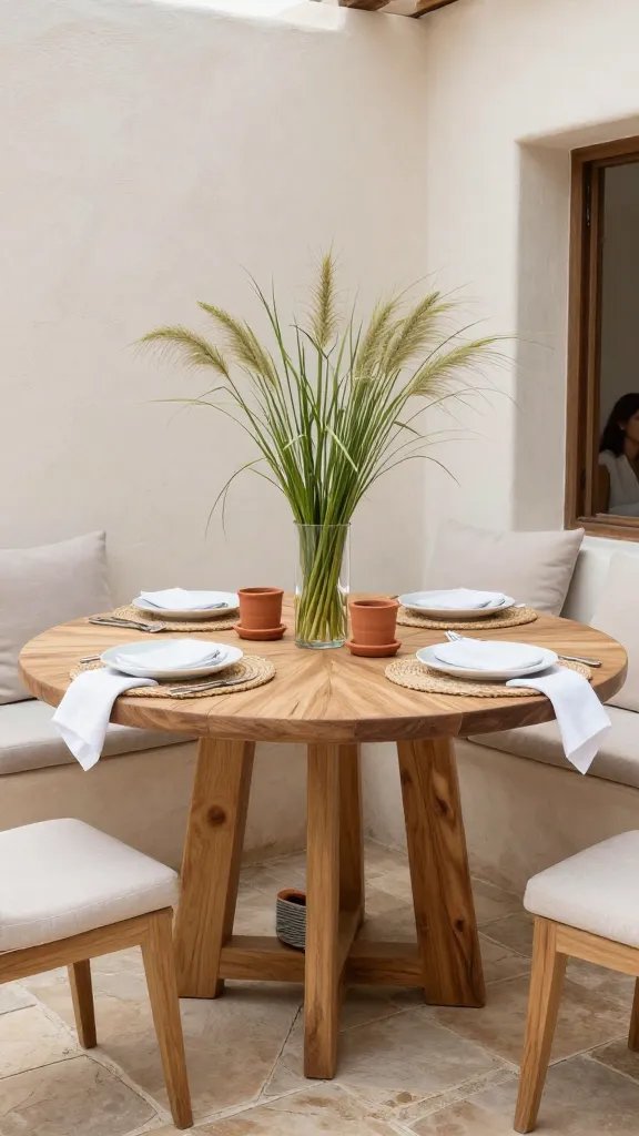 A sunlit dining nook on a stone-paved patio with a round acacia wood table, white tableware, woven placemats, and a centerpiece of tall grasses in a glass vase. Surround with terracotta candle holders, a portable speaker discreetly tucked, and a built-in bench with plush cushions. Soft, natural textures and a gentle breeze suggested by fluttering napkin corners; a 30-year-old woman is present only as a distant, non-dominant figure, partially cropped.