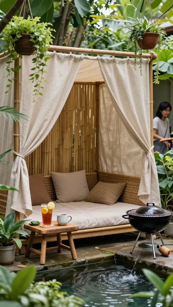 A lush, plant-rich corner with a woven daybed, beige canopy, and a bamboo privacy screen, surrounded by hanging planters and a small water feature with gentle ripples. A side table holds iced tea with lemon slices and a ceramic mug. A compact charcoal grill sits nearby; a soft wind tousles the linen drapes. A 30-year-old woman appears out of focus in the background, not the main subject.