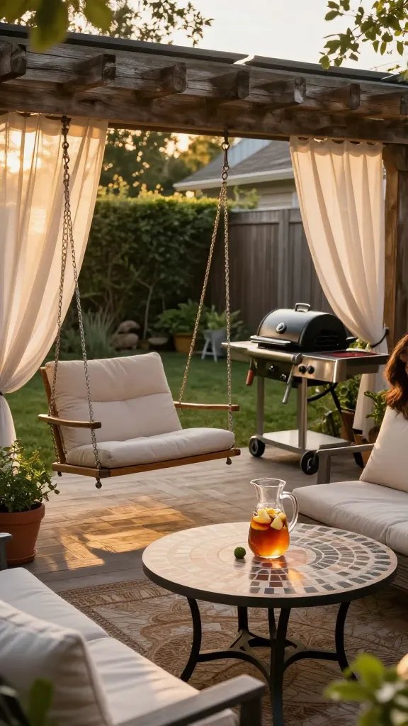A sunset-ready backyard retreat with a low swing chair hung from a weatherproof beam, a nearby charcoal grill on a brushed steel cart, and a round mosaic-tile tabletop with a pitcher of iced tea and sliced fruit. Surround with potted herbs and a fiber-cushioned bench. The breeze moves sheer curtains softly; a 30-year-old woman is visible as a delicate, partially cropped presence, adding life without stealing focus.