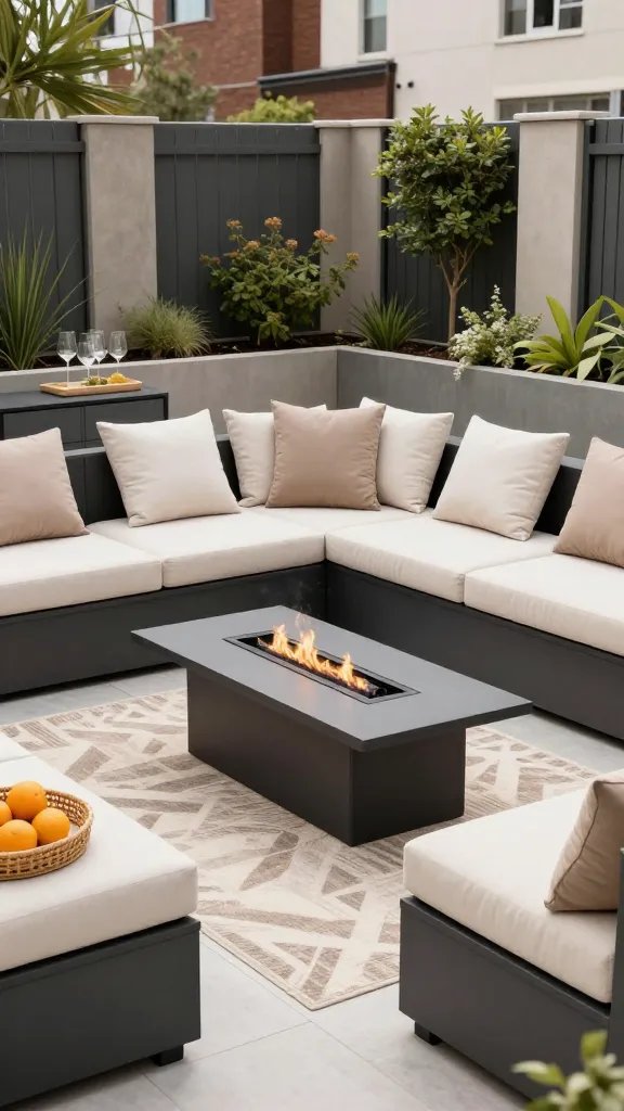 A polished urban patio featuring a modular sectional in charcoal with cream-and-oat cushions, a slim fire pit table in the center, and a row of vertical garden panels along a fence. Add a compact sideboard with glassware and a tray of citrus. Include a wicker tray and a sunlit, geometric outdoor rug. The scene is aspirational and clean; any person is only subtly present (back or partial view) and not the focal point.