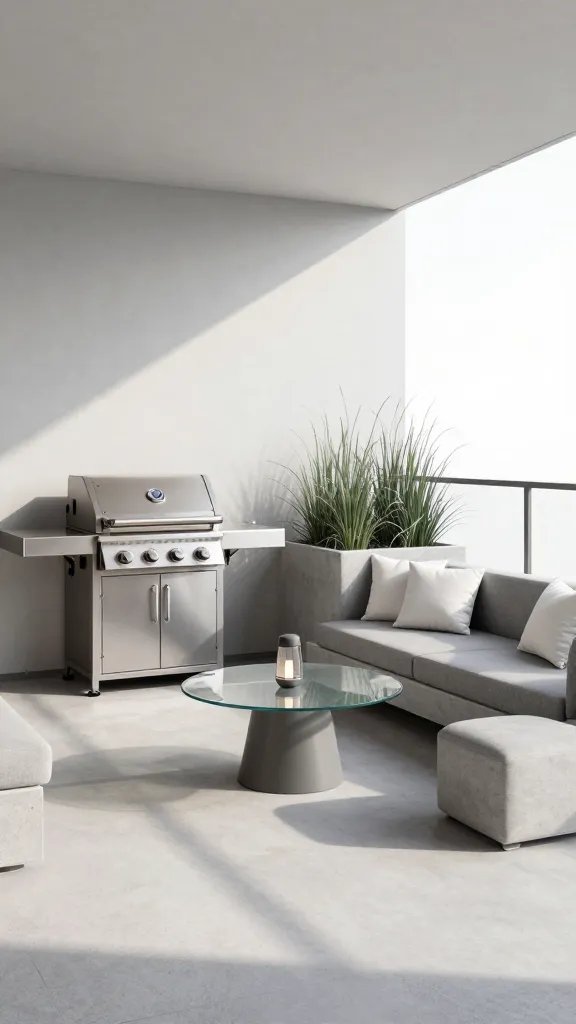 A modern, minimalist balcony-style patio with a compact gas grill, a monochrome seating arrangement of gray cushions and white throw pillows, and a concrete planter filled with sculptural grasses. Add a freestanding outdoor heater, a round glass-top table with a single lantern, and soft shadows stretching across the floor. A 30-year-old woman appears partially in frame, hands resting on the chair backs, not the focus.
