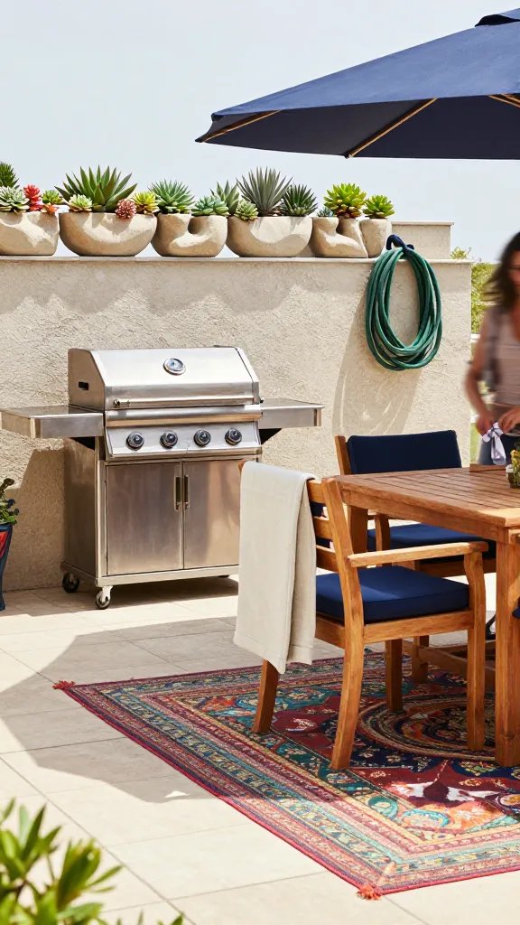 An elevated terrace scene at midday, featuring a stainless steel grill on a weatherproof cart, a teak dining set with navy cushions, and a sculptural planter wall of succulents. Include a light cotton throw draped over a chair, a coiled garden hose neatly tucked away, and a parasol casting a cool shade arc. Subtle human presence: a blurred motion of a woman’s hands tying a napkin knot, off to the edge of the frame.