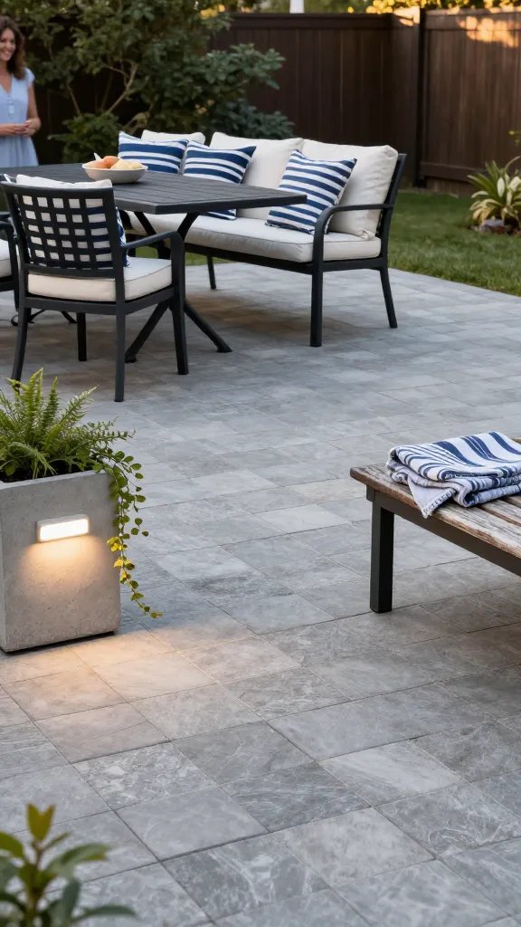 A crisp, coastal-inspired patio by the sea of light gray pavers, featuring a black metal dining set with white cushions, a coastal crash of nautical pillows, and a concrete planter with trailing vines. Include a sleek LED outdoor light fixture and a weathered bench with a folded blanket. The scene conveys late afternoon glow; a partial figure of a smiling woman is visible at the edge of the frame, not the focus.