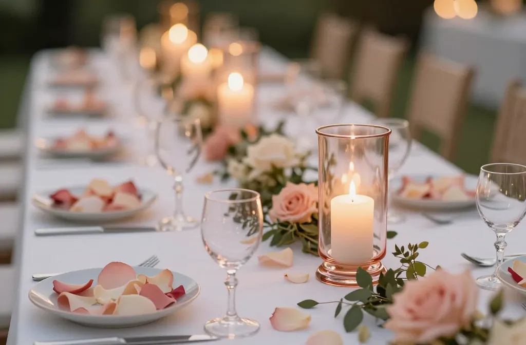 15 Wedding Table Decorations with a Romantic Inspired Look Using Rose Petals, Soft Candlelight, and Delicate Rose Colored Glass Vases Unveiled