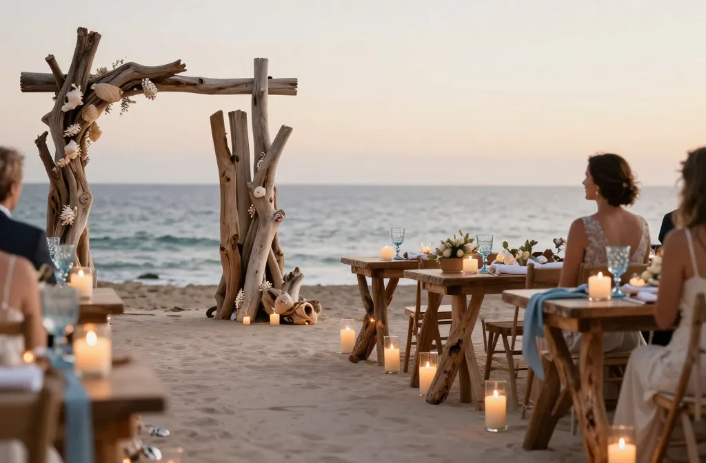 15 Beach Outdoor Wedding Ideas Using Driftwood, Candles & Soft Blues You’Ll Love