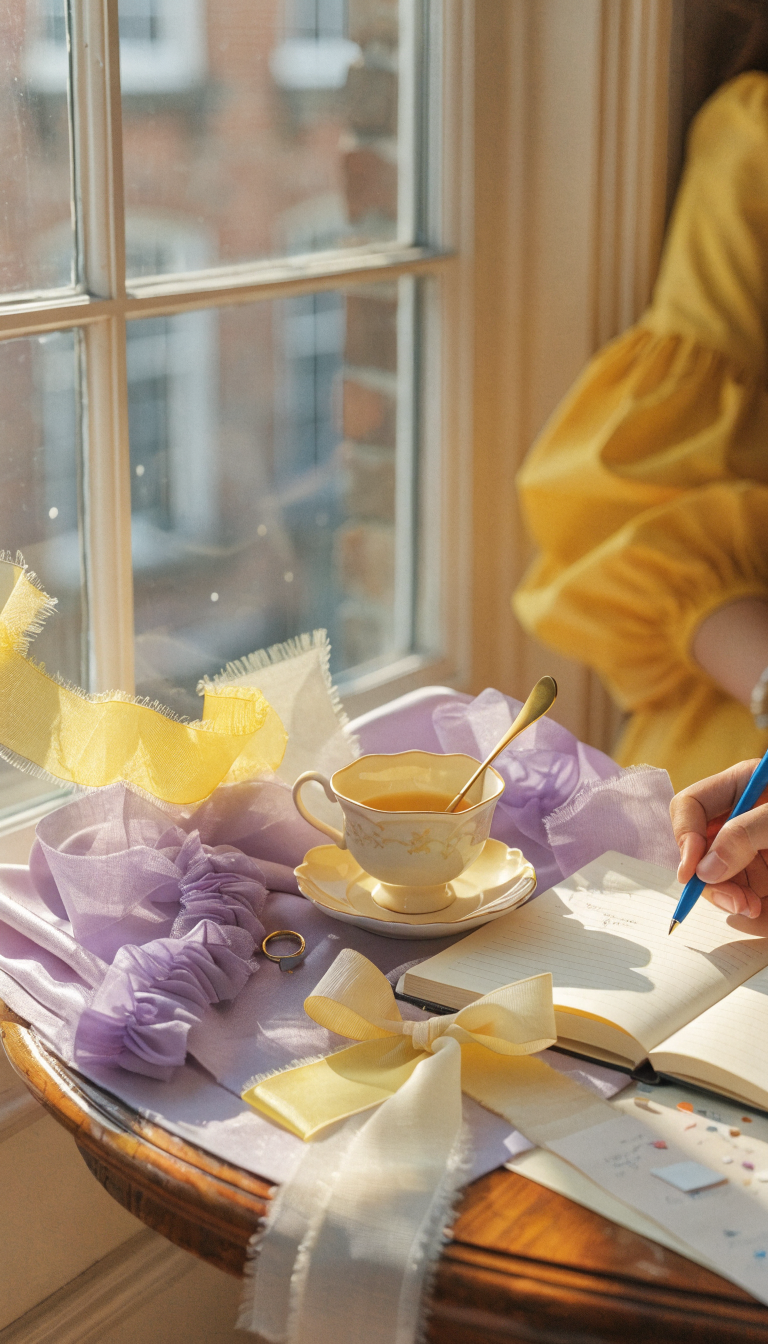 A sunlit planning nook with lilac and citrus tones: close-up of a wooden table scattered with fabric swatches, ribbons, and an open notebook spilling ideas like confetti. Include soft, warm window light, a delicate porcelain teacup, and a partially visible hand jotting notes in cursive. Palette centers lilac, lemon yellow, and creamy neutrals, with a shallow depth of field creating a dreamy, editorial feel. A blurred, partially cropped figure in the background adds human presence without drawing focus.