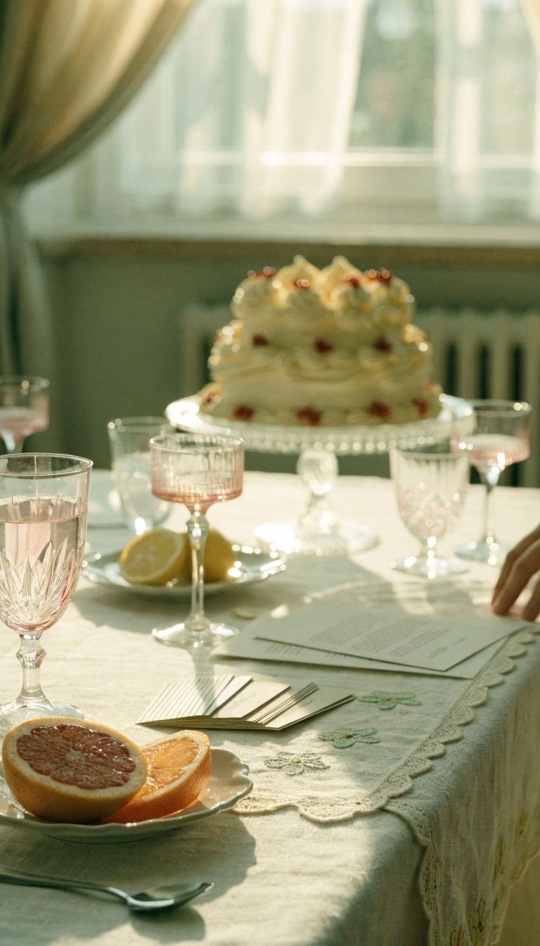 Intimate cake forecasting scene: a table set with a cake stand, menus, and a tasting card cluster, surrounded by soft pastel linens and citrus fruit accents. The cake in the distance should be slightly out of focus, evoking a distant sweet memory. Include tactile textures: linen napkins, glassware with subtle reflections, and a warm, golden backlight. A partly cropped observer’s hand rests on the table edge to imply anticipation.