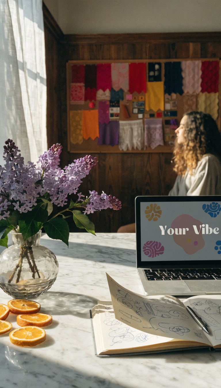 Mood boards come to life: a wide desk shot showing a wall of swatches and ribbons pinned to a corkboard, a notebook filled with scribbles, and a laptop screen displaying a vibe blueprint titled “Your Vibe.” The room is bathed in natural light with a sheer curtain ripple, a vase of lilac stems, and citrus slices on a marble surface. The perspective should feel cinematic, with a faint motion blur on a turning page and a barely visible, relaxed figure in the background.