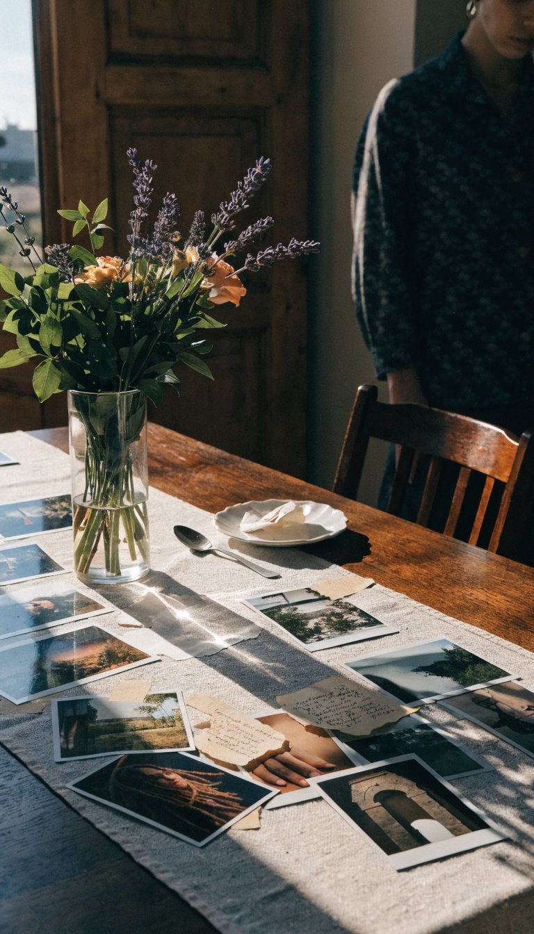 Personal story in color: a table arranged as if for a storytelling moment—photos, polaroids, and handwritten notes spread across a textured table runner. Include a bouquet with lavender sprigs and pale orange blooms leaning toward the camera, with sunlight throwing long shadows. A soft focus person stands off to the side, eyes lowered, partially cropped so the emphasis stays on the documents and textures.