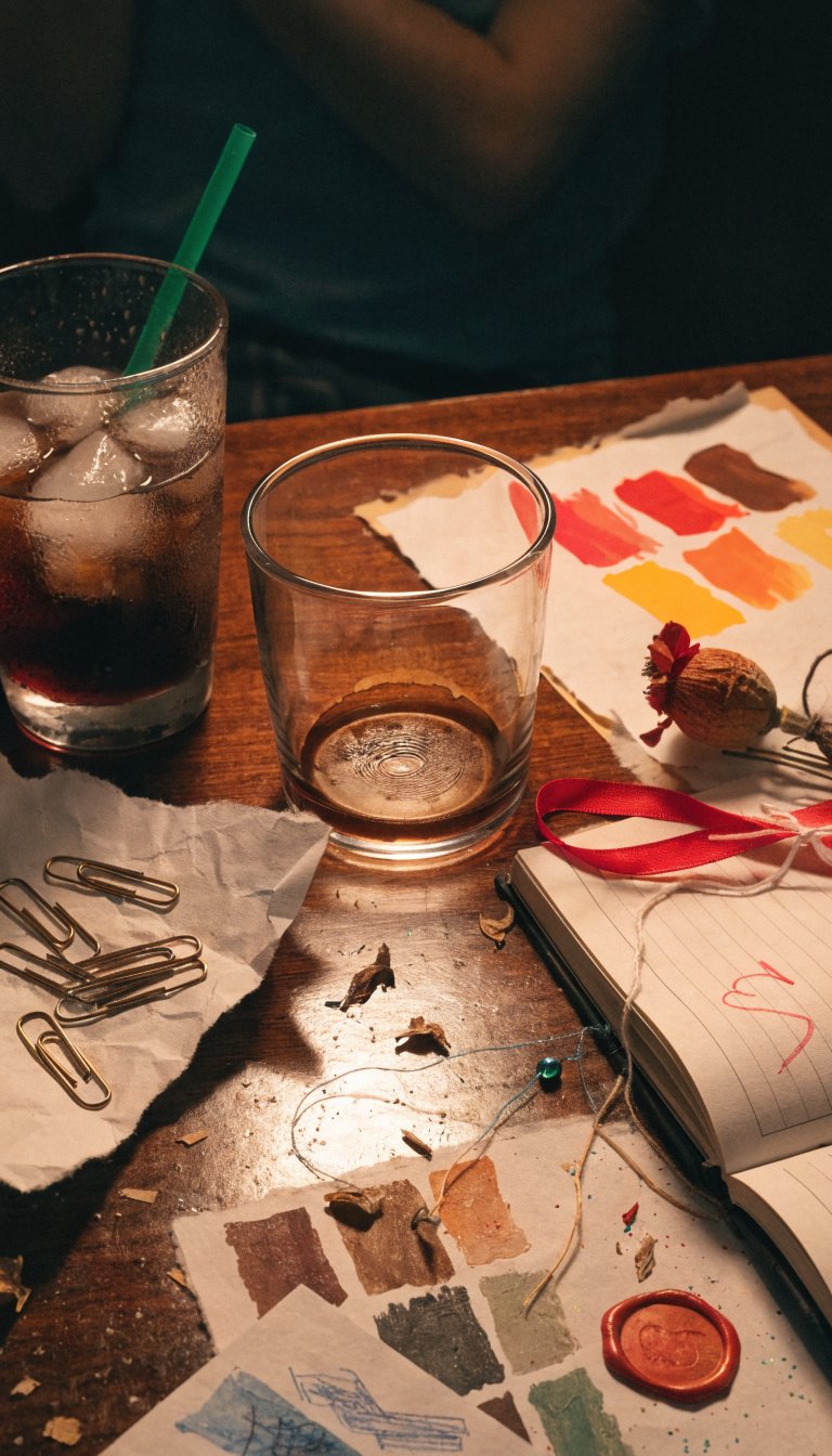 The “not Pinterest-perfect” vibe: macro shot of a desk clutter with imperfectly aligned swatches, a ribbon tangled with string, and a handwritten love note tucked into the notebook. Highlight the authenticity with a coffee ring, a dried flower press, and a small, imperfect wax seal. Use a warm, intimate light; a finger-marked page edge hints at recent edits, and a subtly visible, relaxed person’s silhouette in the background.
