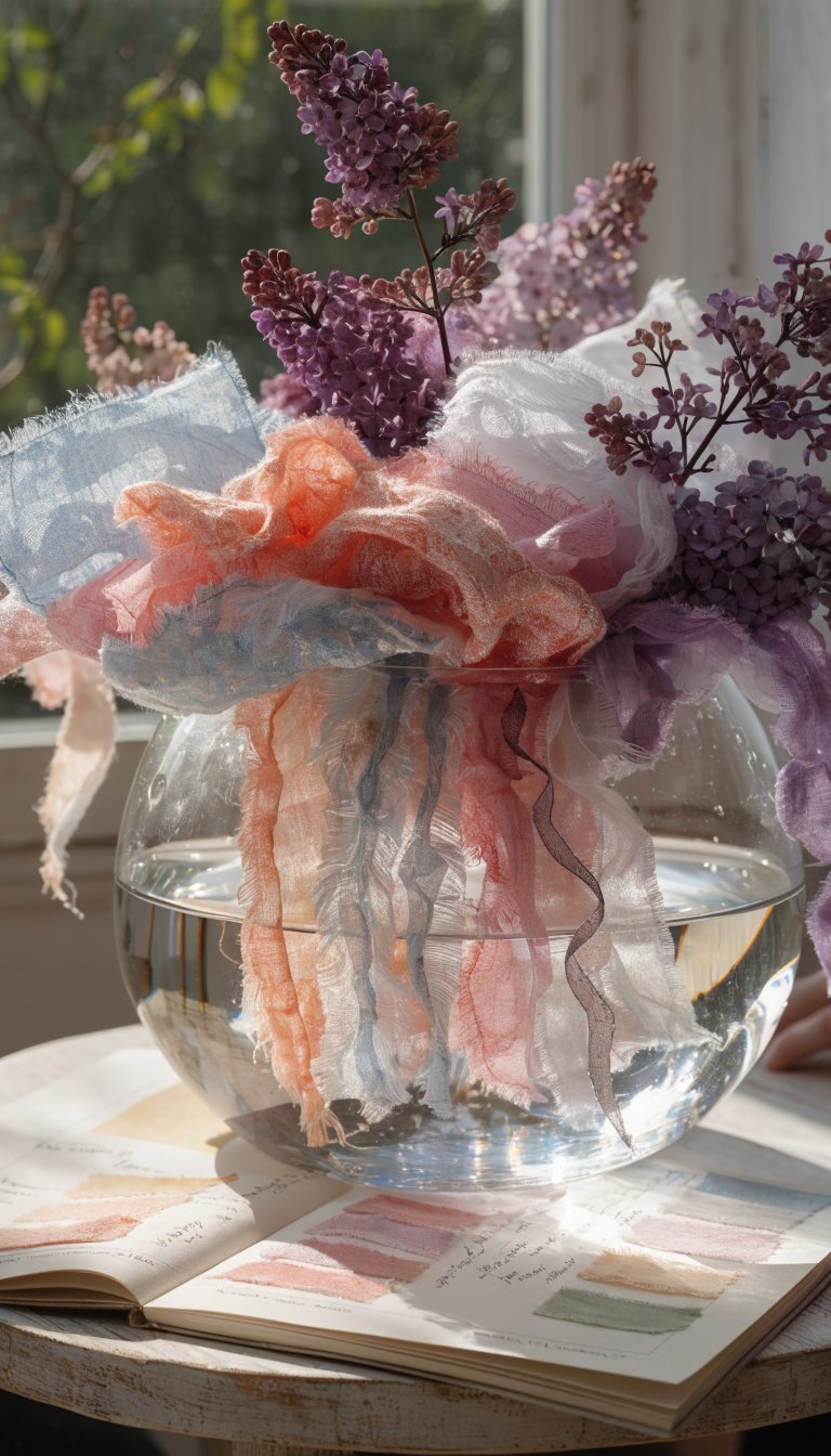 Personal vibe through textures: a tactile still life of textured fabrics, ribbons, and dried lilac floating in a shallow glass vase. A pale wood table supports a notebook with handwritten prompts and a color swatch spread; the light is crisp, casting gentle shadows. Include a hint of a person’s hands at the edge of the frame, cropped to keep them ancillary.