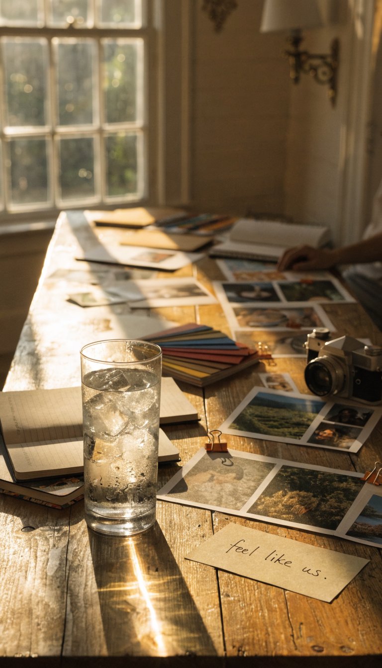 Light and laughter planning session: a bright room with a long wooden table, glass of ice water, and a vintage camera resting among mood boards. The scene features a sunbeam slicing across the table, highlighting a note that reads “feel like us.” A partially visible figure sits at the far end, their presence suggested by a blurred outline or a hand resting on a swatch book.